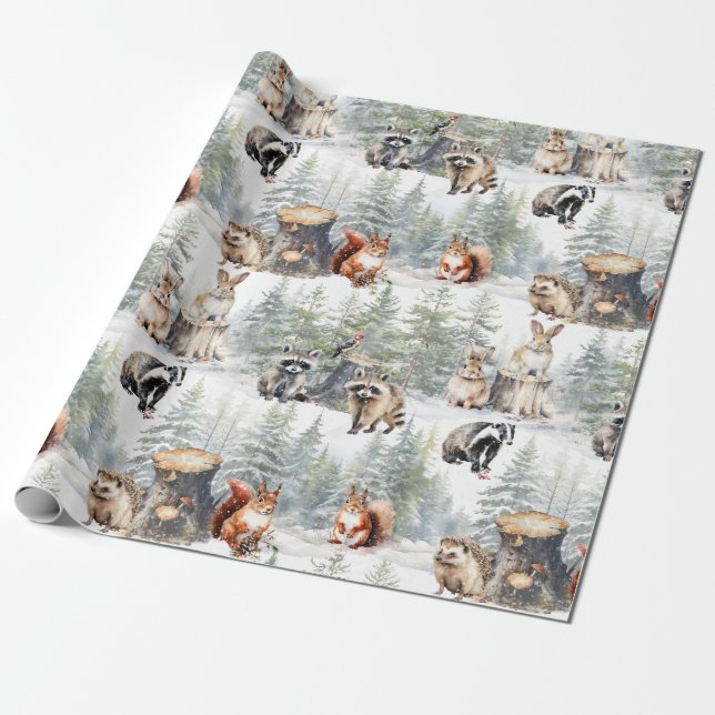 Winter Woodland Forest Baby Animals Wrapping Paper (Unrolled)