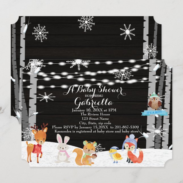 Winter Woodland Forest Baby Boy Shower Invitation (Front/Back)