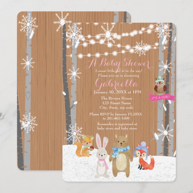 Winter Woodland Forest Baby Girl Shower Invitation (Front/Back)