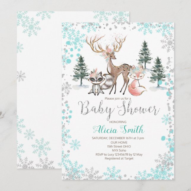 Winter Woodland Forest Baby Girl Shower Invitation (Front/Back)