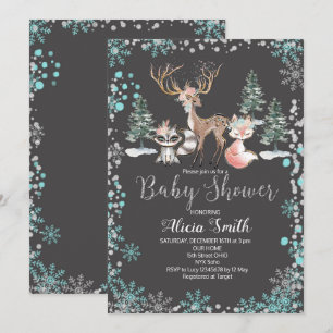 Winter Woodland Forest Baby Shower Invitation Mint