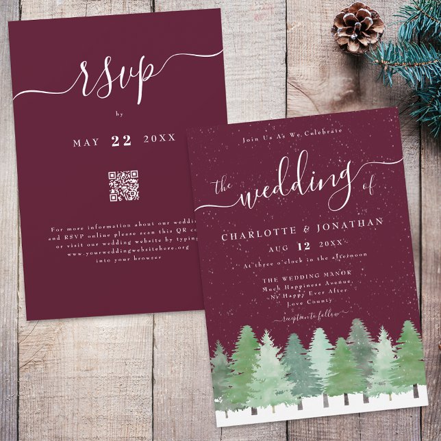Winter Woodland Forest Burgundy Wedding Qr Code  Invitation (Winter Woodland forest watercolor sage green and white wedding qr code invitation Elegant romantic)