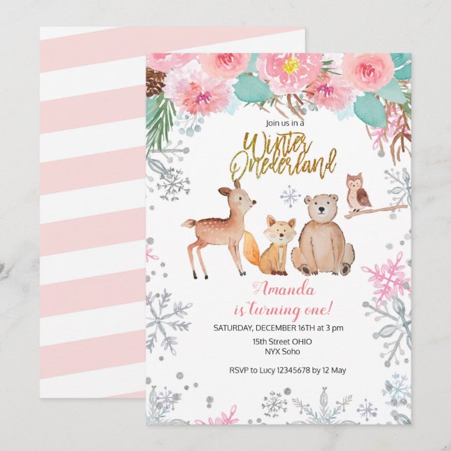 Winter woodland Forest Deer Owl Birthday Invitation (Front/Back)