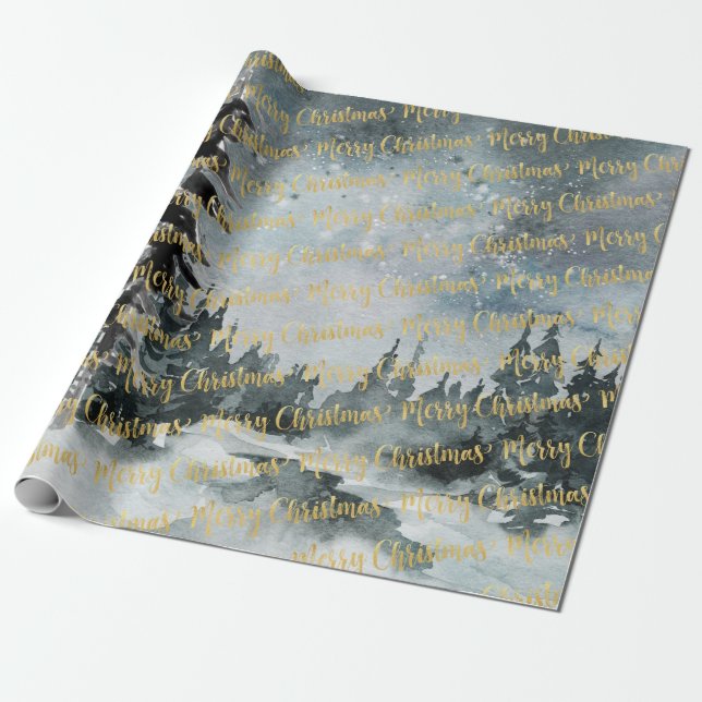 Winter Woodland Forest Gold Merry Christmas Wrapping Paper (Unrolled)