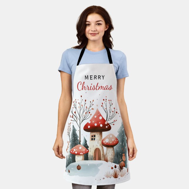 Winter Woodland Forest Mushrooms Merry Christmas  Apron (Worn)
