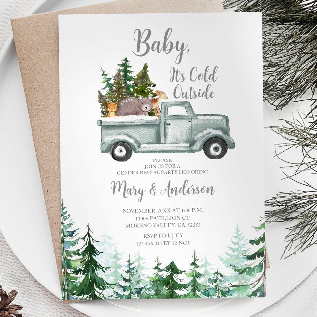 Winter Woodland Forest Truck Animal Gender Reveal Invitation (Creator Uploaded)