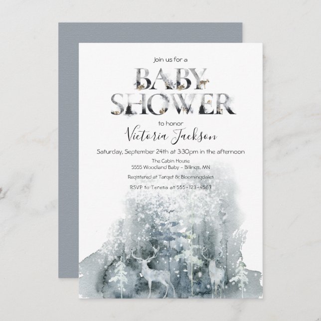 Winter woodland forest watercolor baby shower invitation (Front/Back)