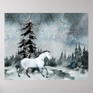 Winter Woodland Forest White Horse Night Sky Poster