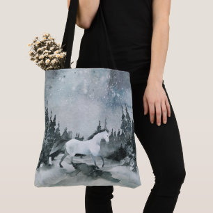 Winter Woodland Forest White Horse Night Sky Tote Bag