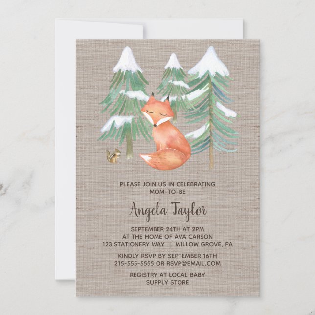 Winter Woodland Fox and Chipmunk Baby Shower Invitation (Front)