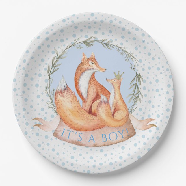 Winter Woodland Fox Boy Baby Shower Paper Plates (Front)