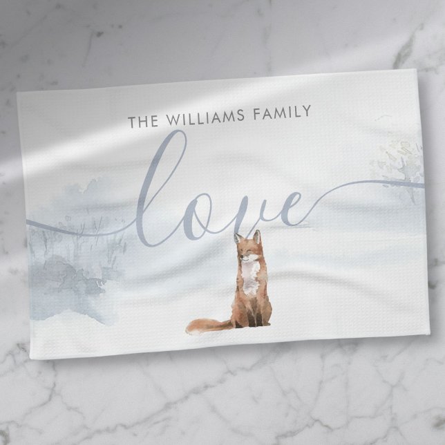 Winter Woodland Fox Family Name Love Tea Towel (Winter Woodland Fox Family Name Love Kitchen Towel)