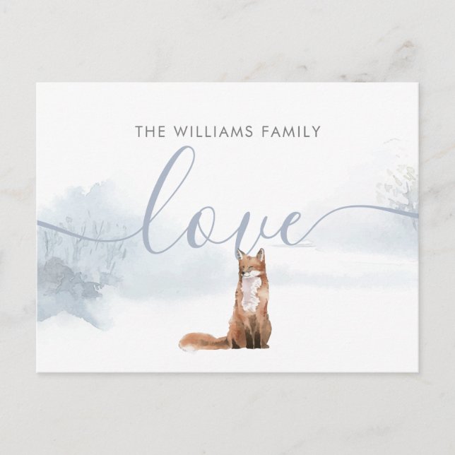Winter Woodland Fox Family Name Script Love Holiday Postcard (Front)
