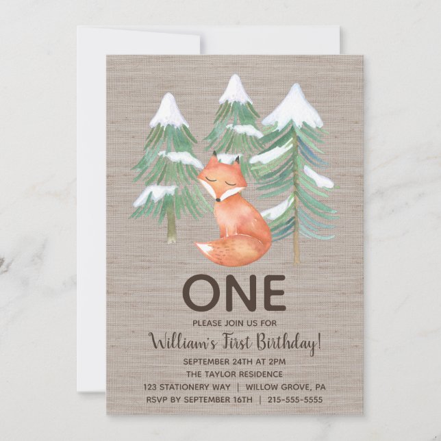 Winter Woodland Fox First Birthday Party Invitation (Front)