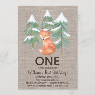 Winter Woodland Fox First Birthday Party Invitation
