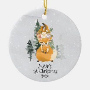 Winter Woodland Fox Mama Baby 1st Christmas Ceramic Tree Decoration