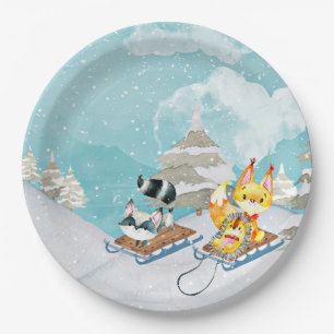 Winter Woodland Friends -Fox Hedgehog Illustration Paper Plate