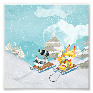 Winter Woodland Friends -Fox Hedgehog Illustration Photo Print