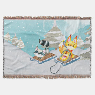 Winter Woodland Friends -Fox Hedgehog Illustration Throw Blanket