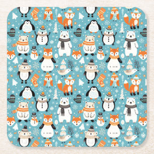 Winter Woodland Friends in Cozy Knits Square Paper Coaster