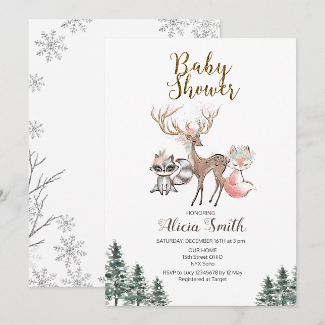 Winter woodland girl baby shower invitation (Front/Back)