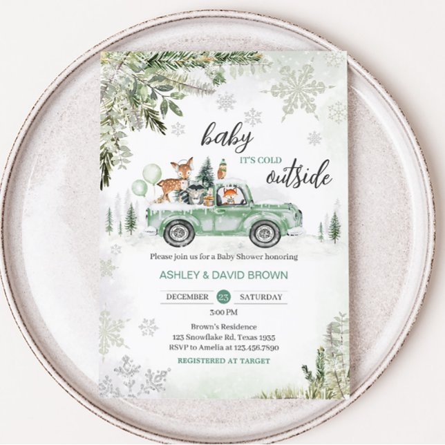 Winter Woodland Green Truck Baby Shower  Invitation (Sage Green Winter Truck Baby Shower Invitation)