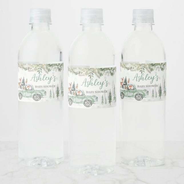 Winter Woodland Green Truck Baby Shower  Water Bottle Label (Bottles)
