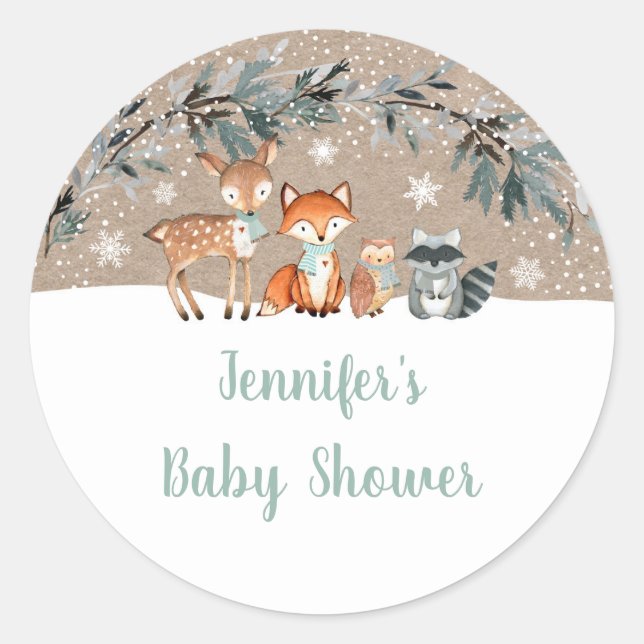 Winter Woodland Greenery Baby Shower Classic Round Sticker (Front)
