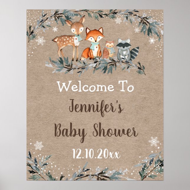 Winter Woodland Greenery Baby Shower Welcome Poster (Front)