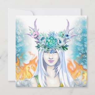 Winter Woodland Maiden Yule Fire Pagan Holiday Card