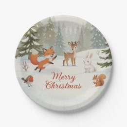 Winter Woodland Merry Christmas Forest Animals Paper Plate