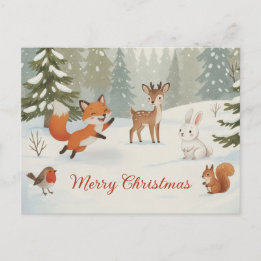 Winter Woodland Merry Christmas Forest Animals Postcard