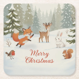 Winter Woodland Merry Christmas Forest Animals Square Paper Coaster