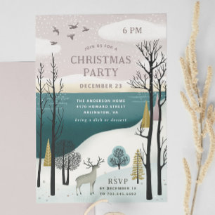 Winter woodland nordic landscape. Christmas party Invitation