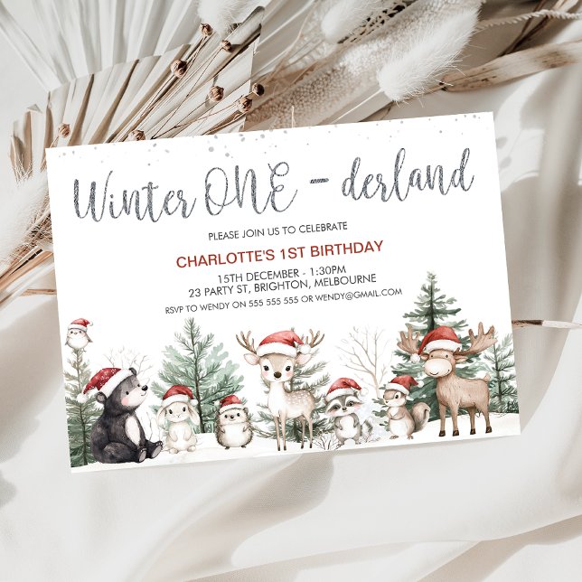 Winter Woodland Onederland 1st Birthday Invitation (Winter Onederland 1st Birthday Invitation, Woodland Animals, Christmas Season First Birthday Invite)