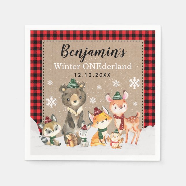 Winter Woodland ONEderland Lumberjack 1st Birthday Napkin (Front)