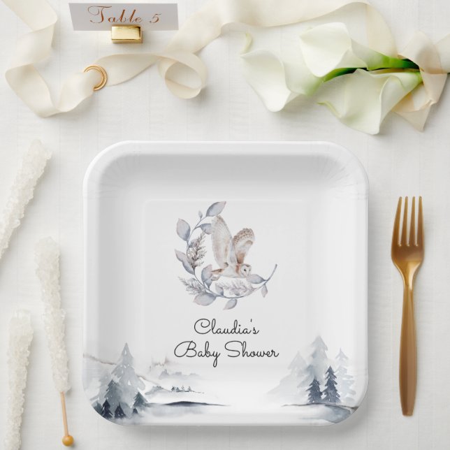 Winter Woodland Owl Modern Script Baby Shower Paper Plate (Wedding)