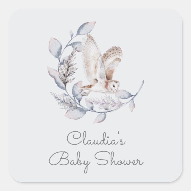 Winter Woodland Owl Modern Script Baby Shower Square Sticker (Front)