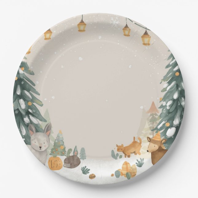 Winter Woodland Paper Plates – Snowy Pine Trees (Front)