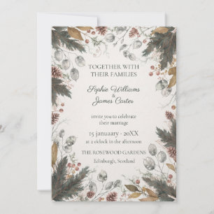 Winter Woodland Pine Lunaria Botanical Invitation