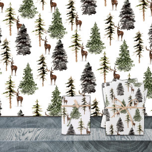 Winter Woodland Pine Tree Forest Stag Reindeer Wrapping Paper Sheet