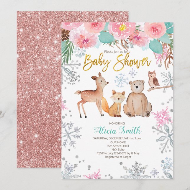 Winter Woodland Pink Baby Girl Shower Invitation (Front/Back)