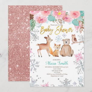Winter Woodland Pink Baby Girl Shower Invitation