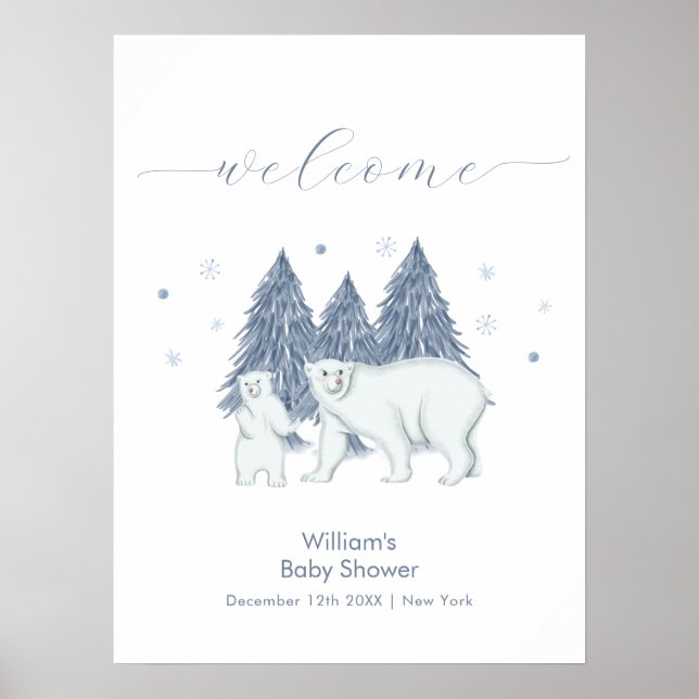 Winter Woodland Polar Bear Baby Shower Welcome Poster (Front)