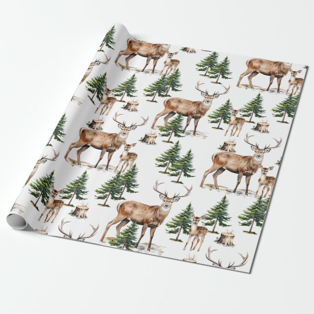 Winter Woodland Reindeer Family Pine Tree Forest Wrapping Paper (Unrolled)
