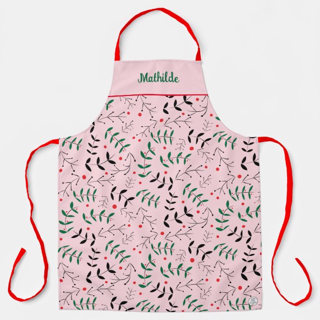 Winter Woodland Retro Personalised Pink Christmas Apron (Front)