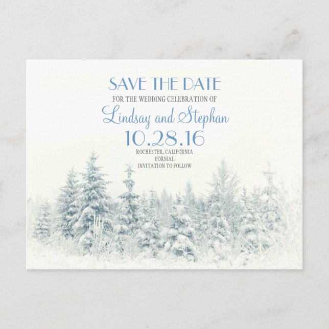 Winter woodland romantic white save the date announcement postcard (Front)