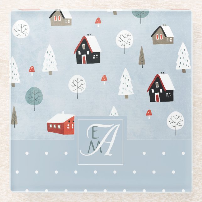 Winter Woodland Scandinavian Monogrammed Decor Glass Coaster (Front)