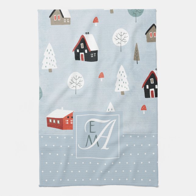 Winter Woodland Scandinavian Monogrammed Decor Tea Towel (Vertical)