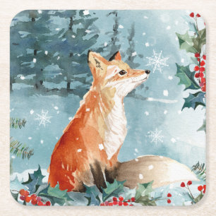 Winter woodland scene, fox Christmas Square Paper Coaster